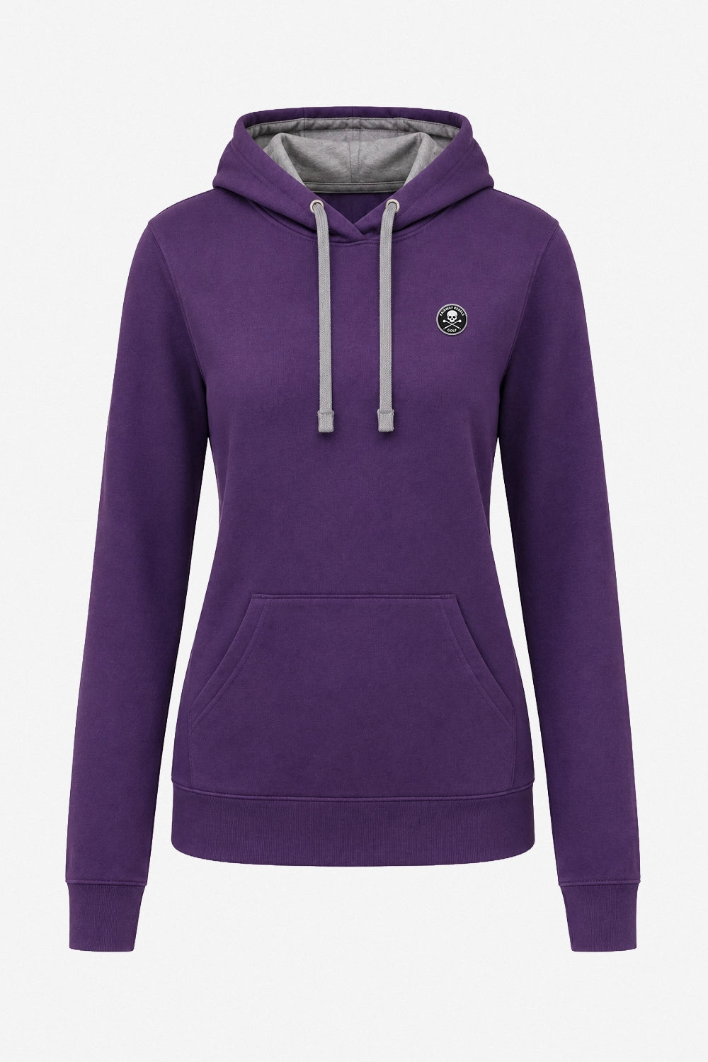 Sweat à capuche violet, cordons gris contrastés, poche kangourou, doublure capuche claire.