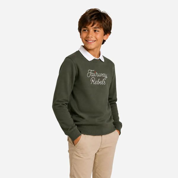 Sweat de golf garçon vert olive, col rond, logo poitrine imprimé, finitions côtelées
