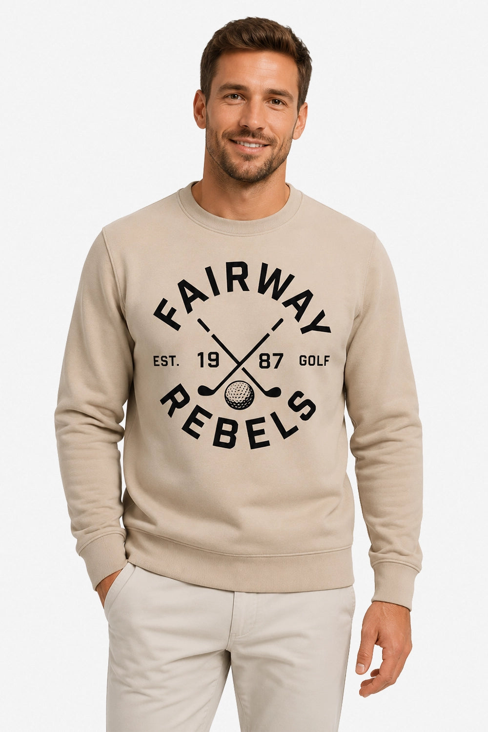 Sweat de golf pour homme ivoire, logo « Fairway Rebels » sur le devant, manches longues