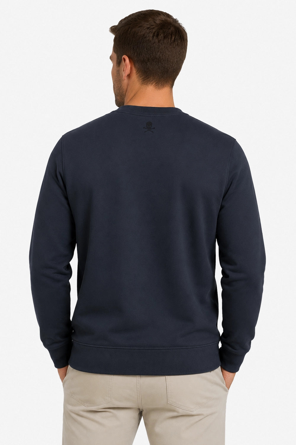 Sweat de golf pour homme bleu marine, vue dos avec petit emblème au col