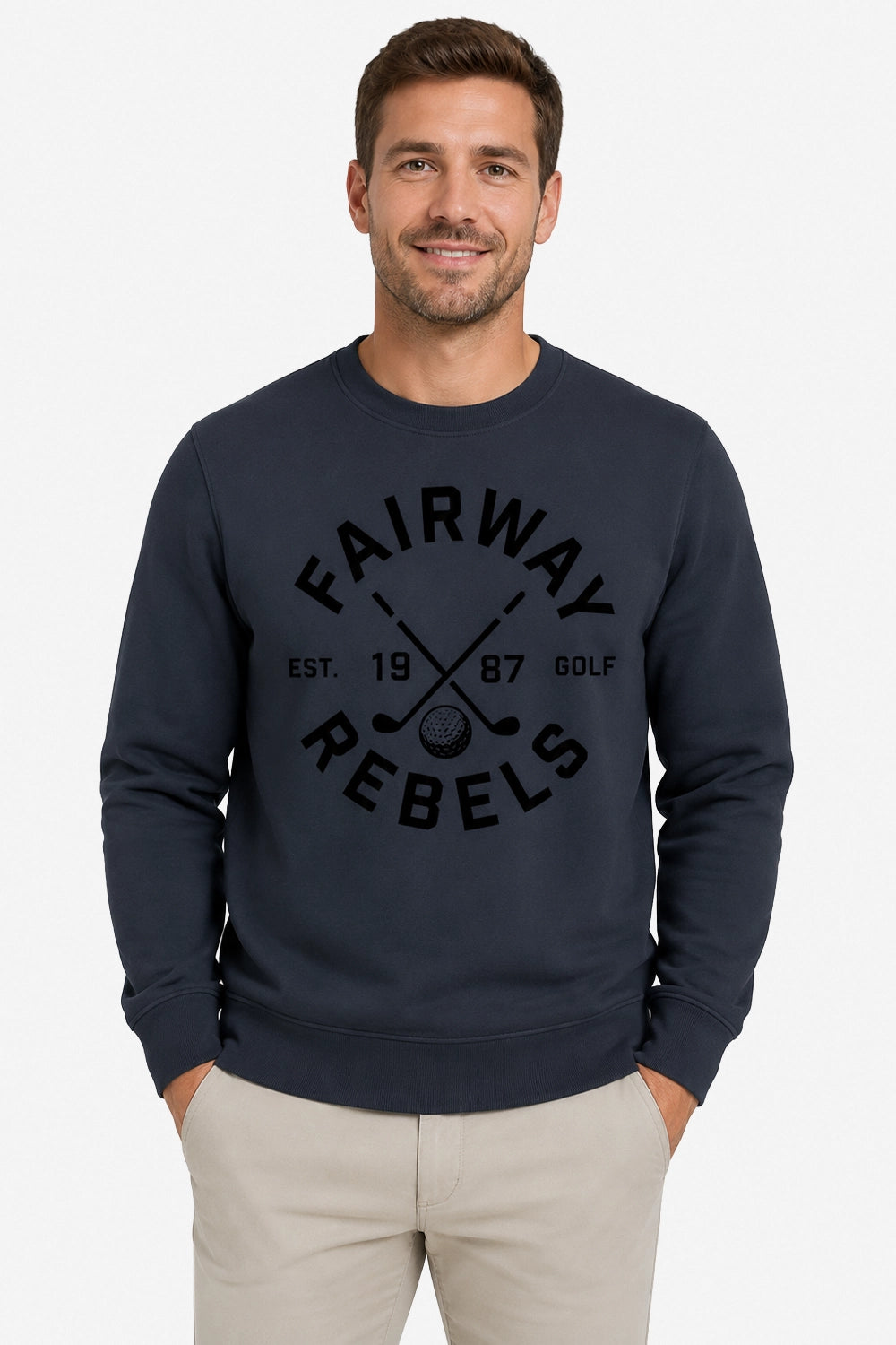 Sweat-shirt de golf homme bleu marine, logo graphique au centre, col rond