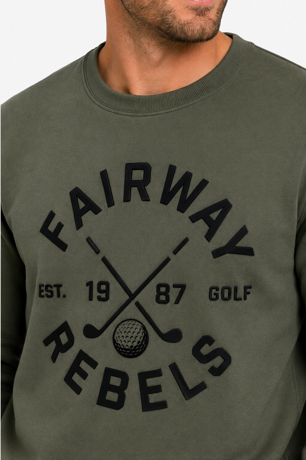 Sweat-shirt de golf homme vert, logo « FAIRWAY REBELS » imprimé, col rond
