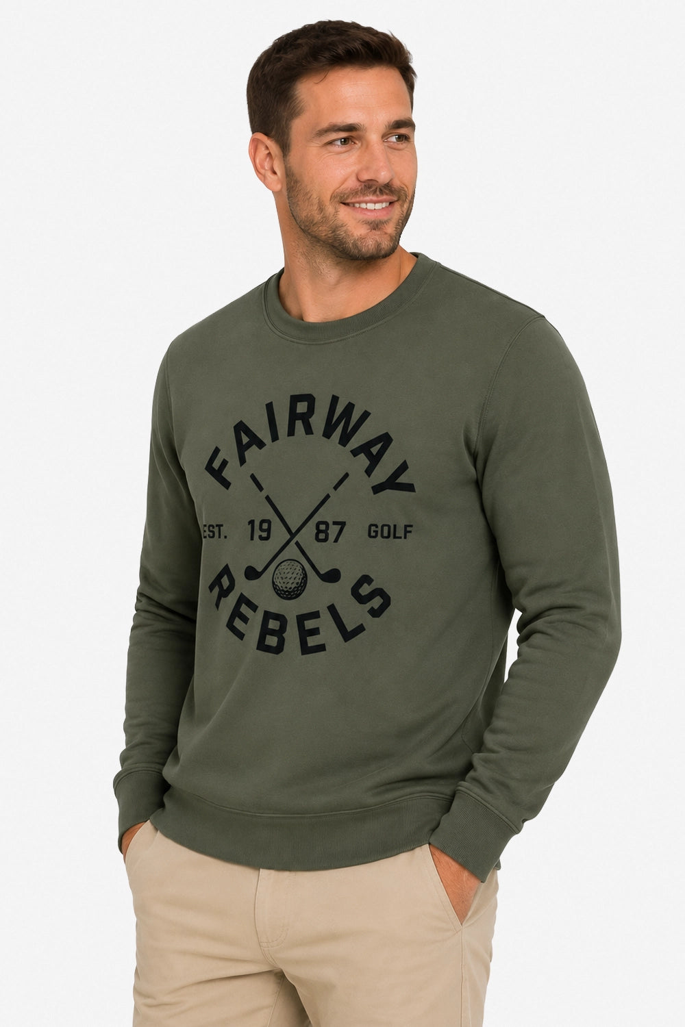 Sweat-shirt de golf homme vert, vue trois-quarts, logo avant et manches longues
