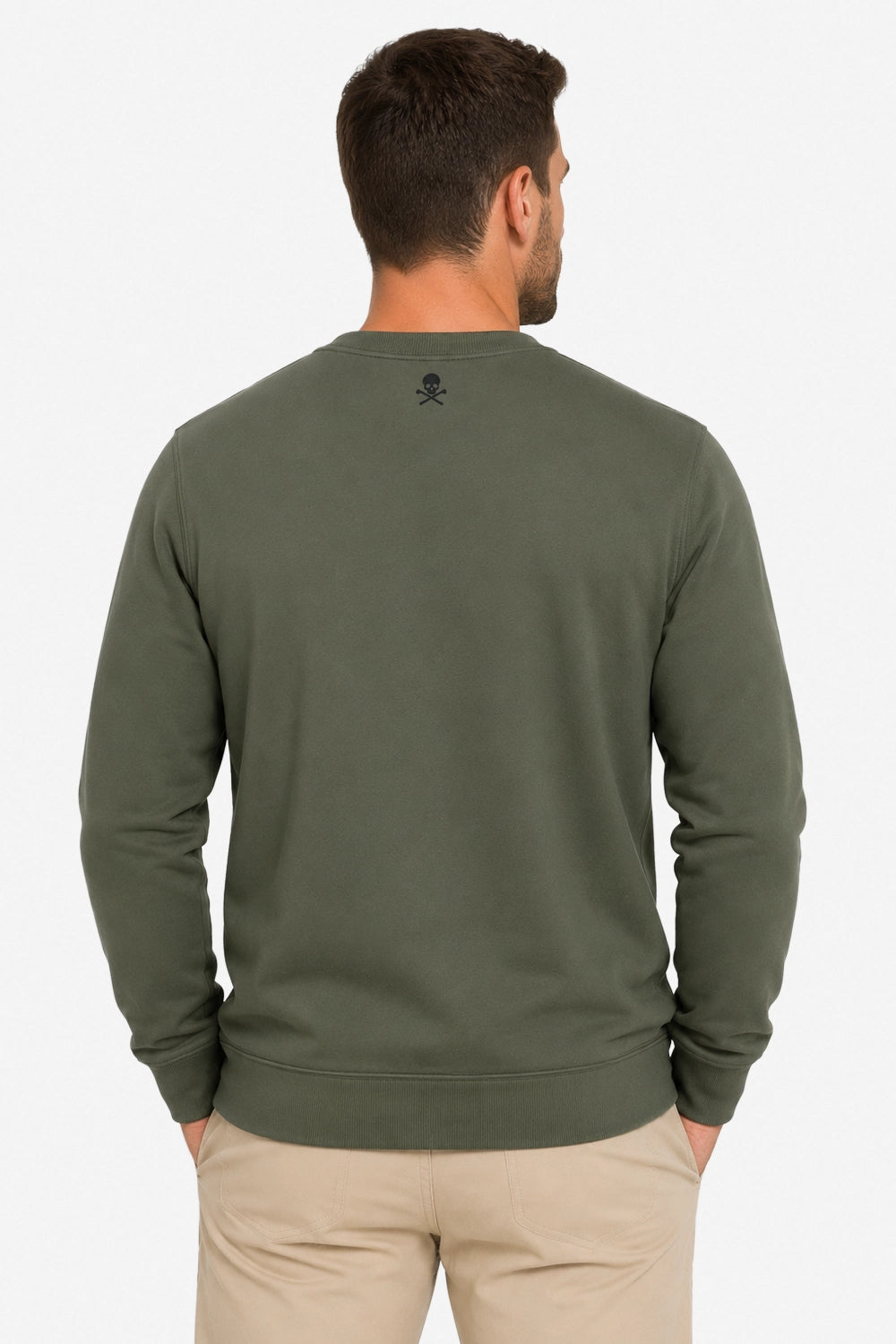 Sweat-shirt de golf homme vert, vue dos avec petit pictogramme, col rond