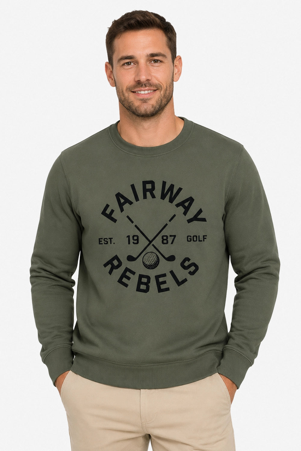 Sweat-shirt de golf homme vert, logo FAIRWAY REBELS sur le devant, col rond