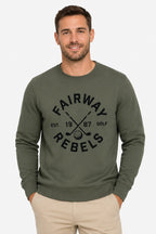 Sweat-shirt de golf homme vert, logo FAIRWAY REBELS sur le devant, col rond