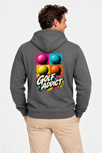 Sweat-shirt à capuche homme gris foncé, visuel « GOLF ADDICT » au dos avec balles