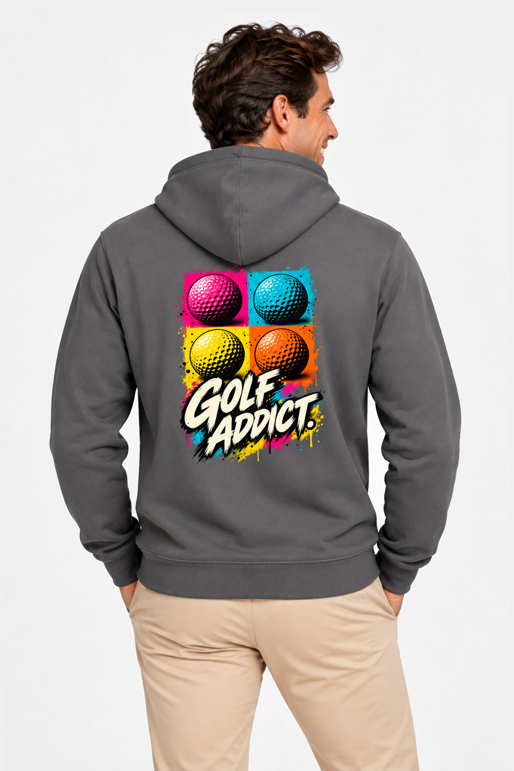 Sweat-shirt à capuche homme gris foncé, visuel « GOLF ADDICT » au dos avec balles