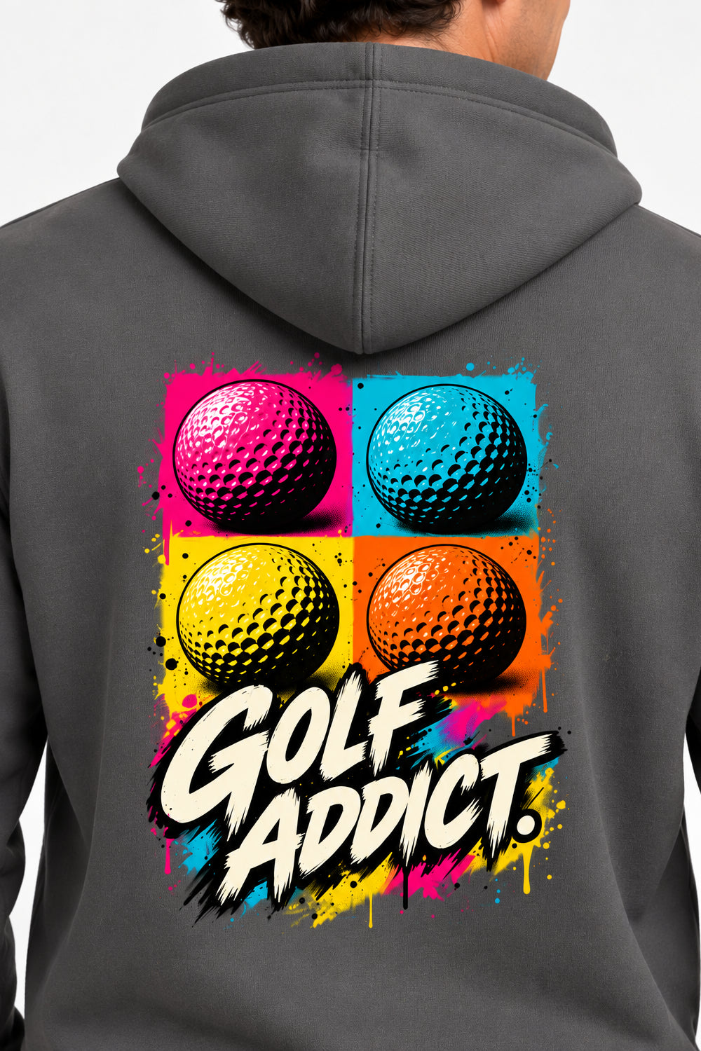 Sweat-shirt à capuche gris foncé, gros plan du visuel « GOLF ADDICT » au dos