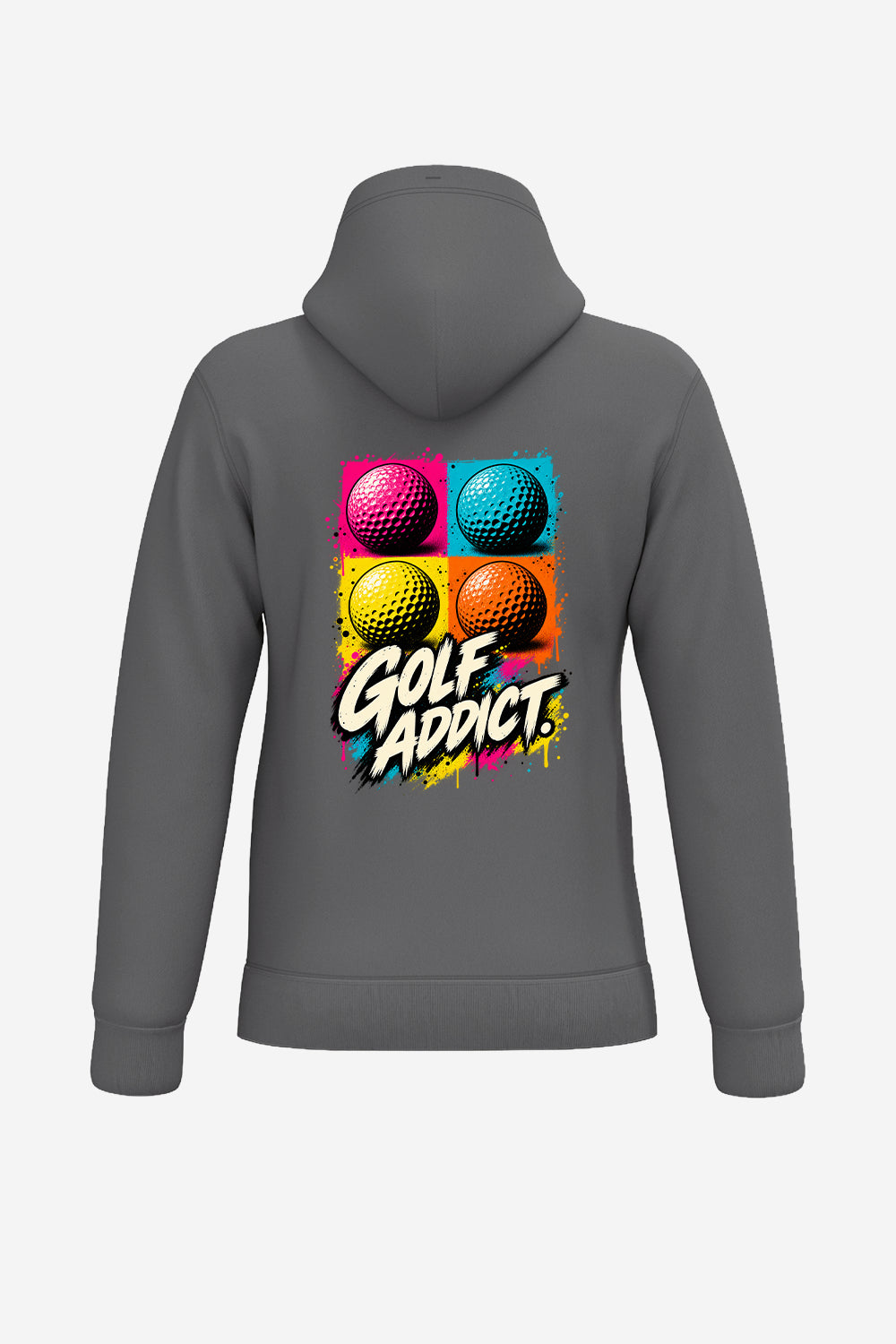 Sweat-shirt à capuche homme gris foncé, grand visuel « GOLF ADDICT » au dos avec balles