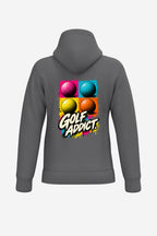 Sweat-shirt à capuche homme gris foncé, grand visuel « GOLF ADDICT » au dos avec balles