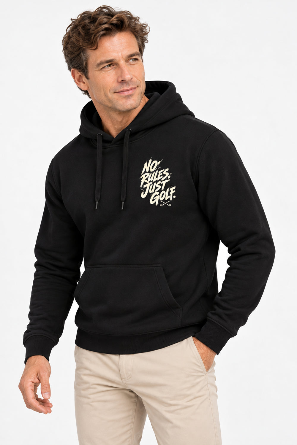 Sweat à capuche homme noir, logo « No Rules Juste Golf », poche kangourou