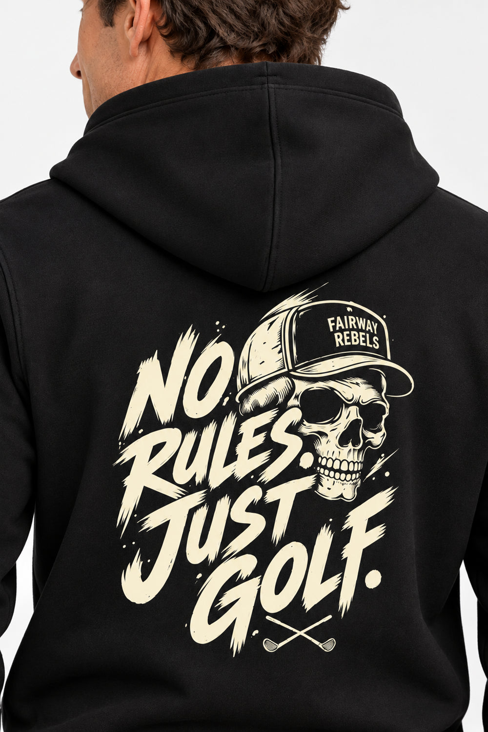 Sweat à capuche homme noir, gros plan de l’imprimé « No Rules Juste Golf » au dos