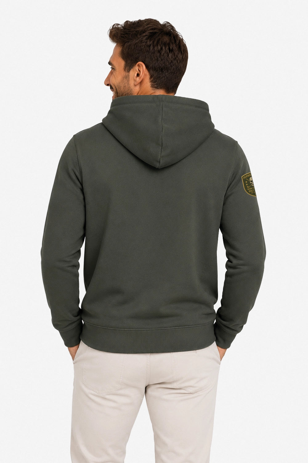Sweat à capuche homme vert foncé, dos avec écusson Fairway Rebels sur la manche
