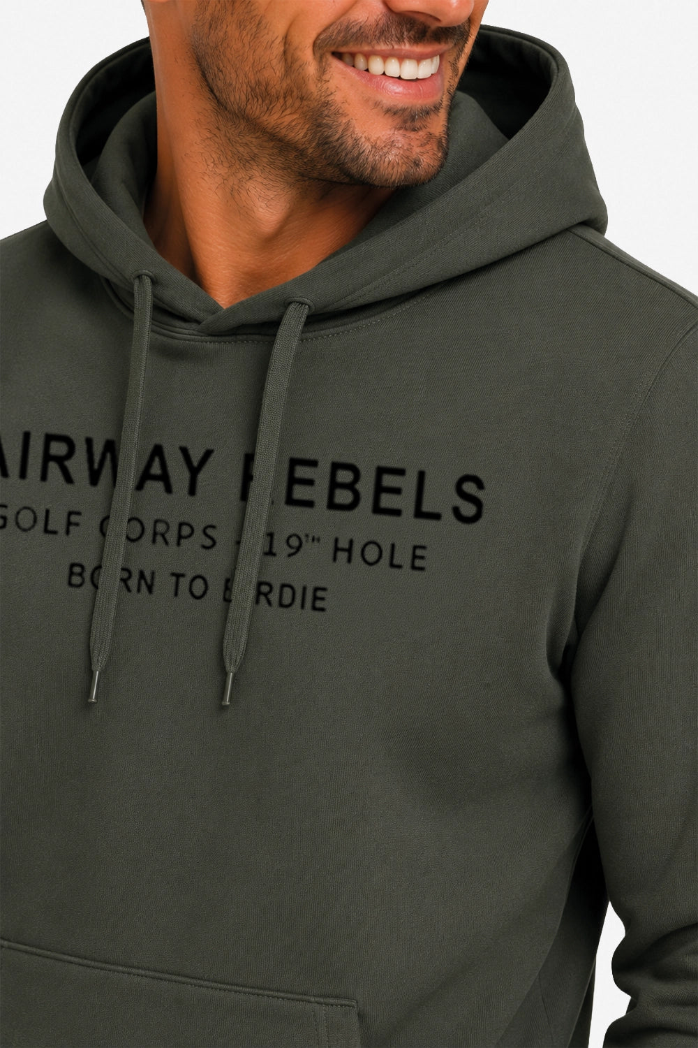 Sweat à capuche homme vert foncé, inscription Fairway Rebels et cordons de capuche