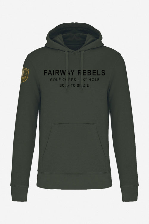 Sweat à capuche homme vert foncé, logo Fairway Rebels sur la poitrine, poche kangourou