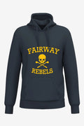 Sweat à capuche homme bleu marine, poche kangourou, imprimé « Fairway Rebels » jaune.