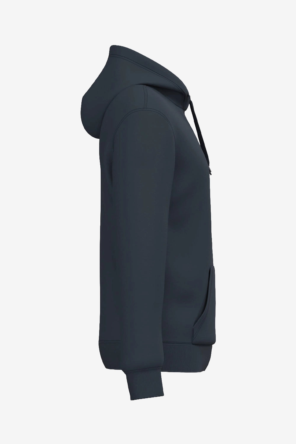 Sweat à capuche homme bleu marine, vue de profil, fermeture avec cordons, poche kangourou.
