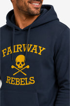 Sweat à capuche homme bleu marine avec imprimé « FAIRWAY REBELS » et tête de mort jaune.