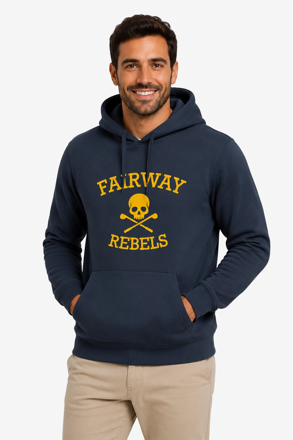 Sweat à capuche homme bleu marine, imprimé « Fairway Rebels » jaune, poche kangourou.