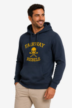 Sweat à capuche homme bleu marine, imprimé « Fairway Rebels », cordons de capuche visibles.