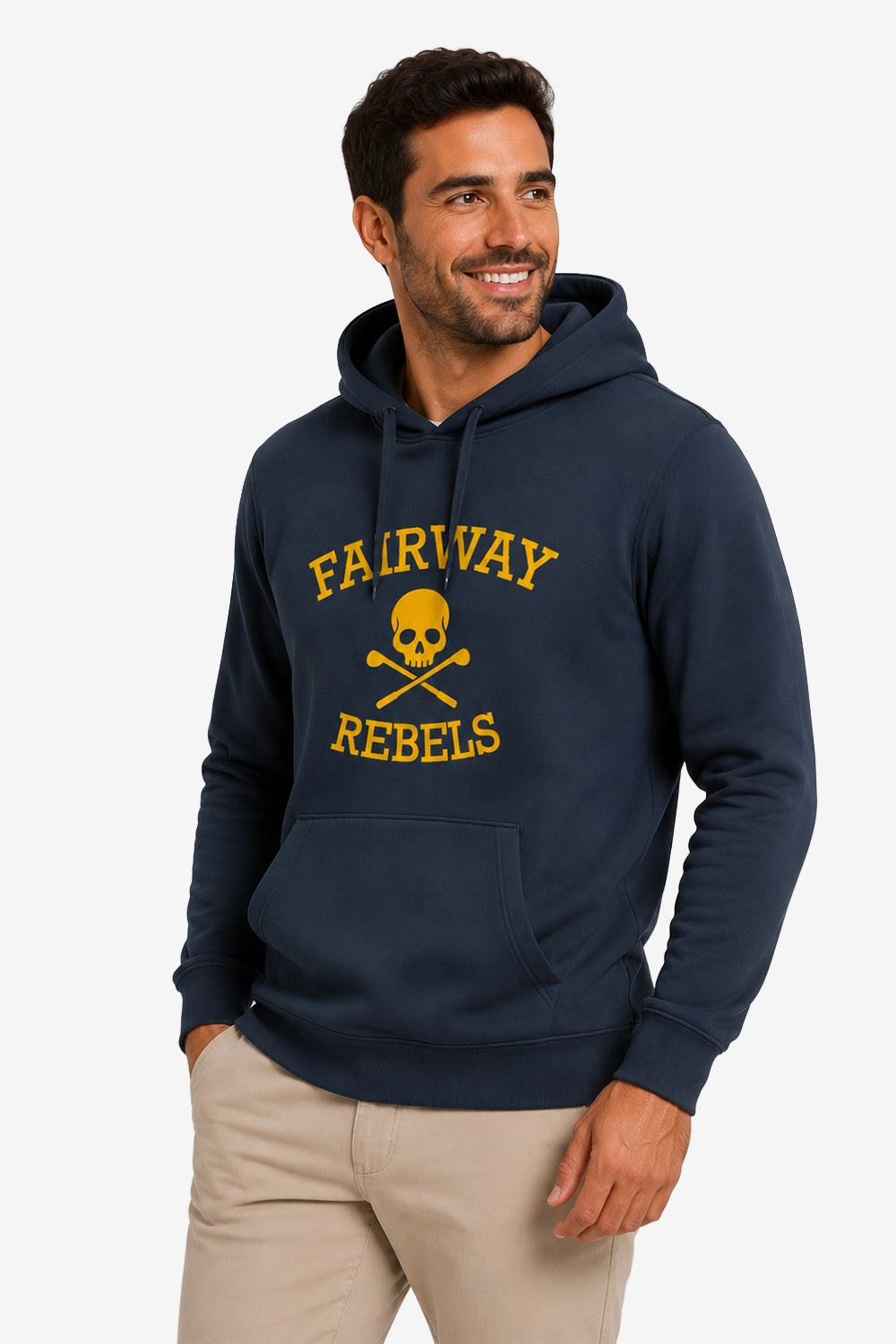 Sweat à capuche homme bleu marine, imprimé « Fairway Rebels », cordons de capuche visibles.