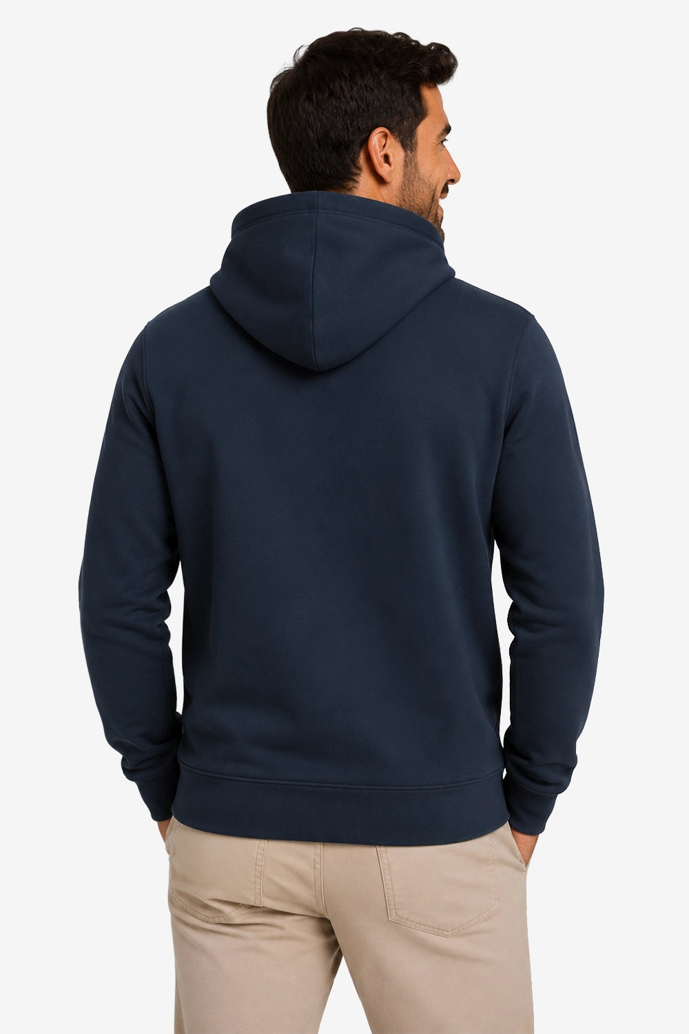 Sweat à capuche homme bleu marine, vue arrière, capuche et coutures visibles.