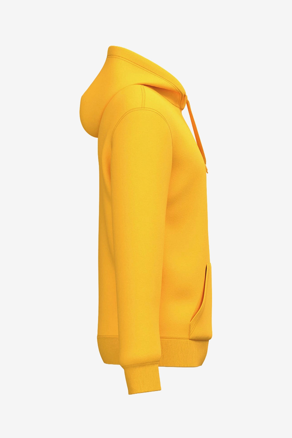Sweat à capuche homme jaune, vue de profil, cordons et poche kangourou visibles.