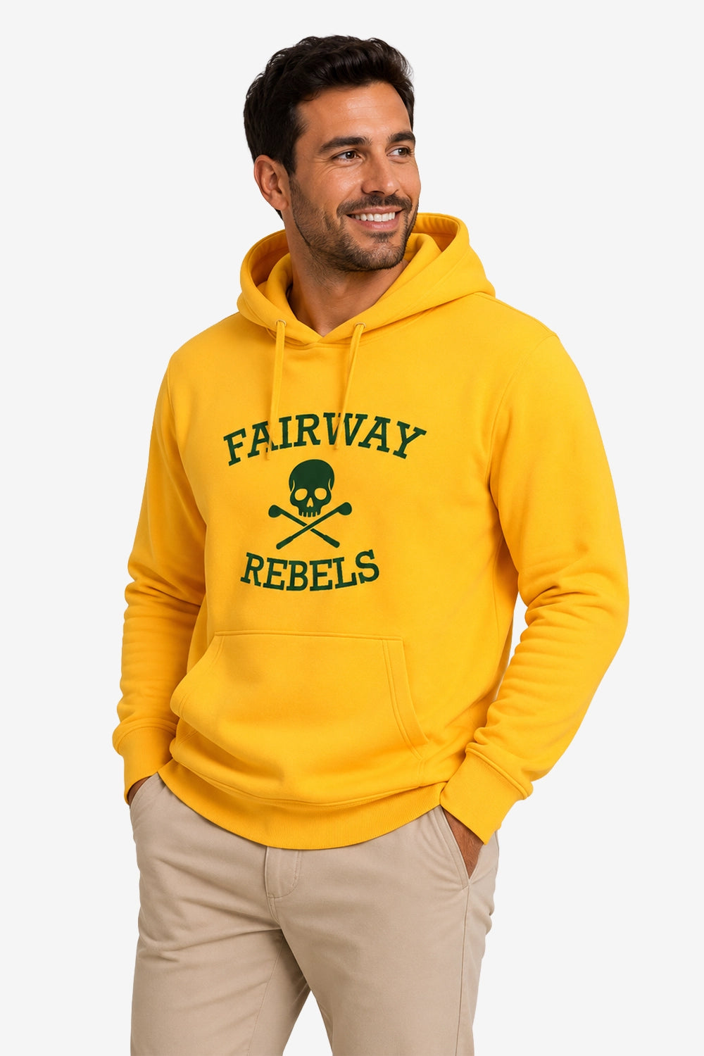 Veste sweat à capuche jaune homme, logo « Fairway Rebels » et poche kangourou