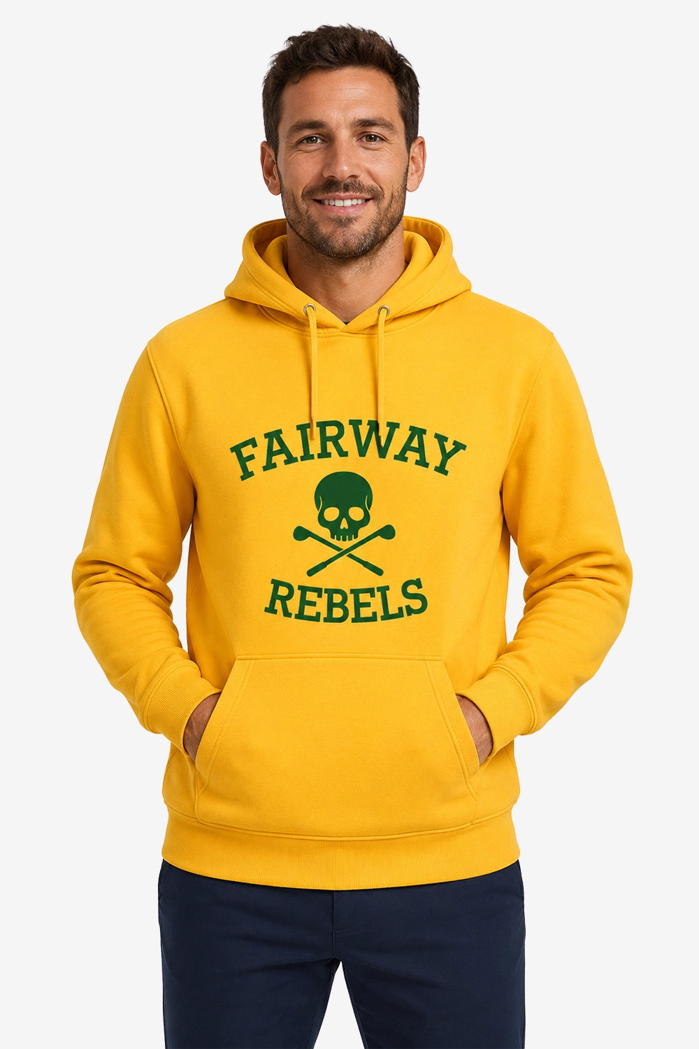 Veste sweat à capuche jaune homme, logo « Fairway Rebels » au centre