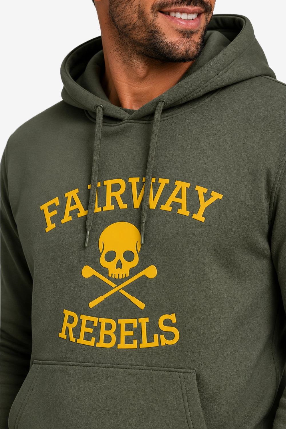 Homme sweat à capuche vert foncé, gros logo « FAIRWAY REBELS » au centre