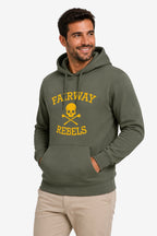 Homme sweat à capuche vert foncé, logo « FAIRWAY REBELS », vue de face 3/4