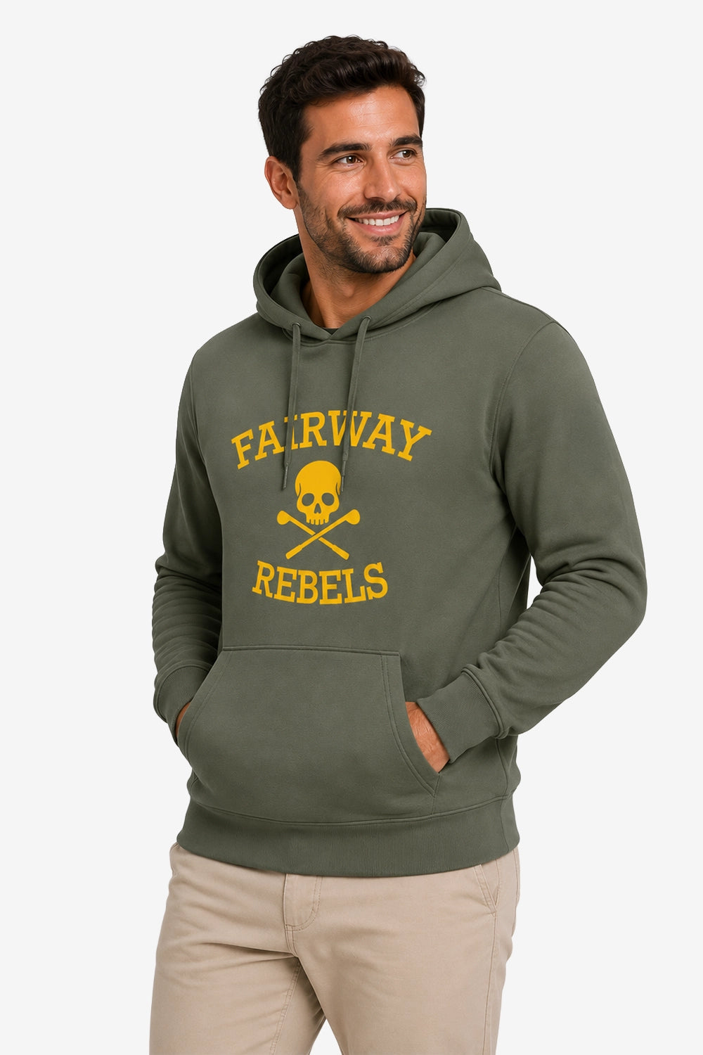 Homme sweat à capuche vert foncé, logo « FAIRWAY REBELS », vue de face 3/4