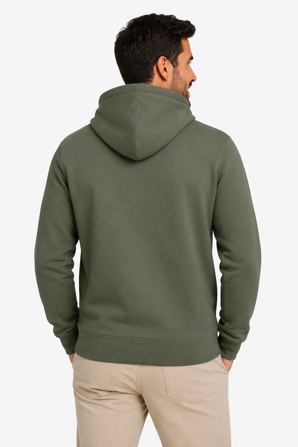 Homme sweat à capuche vert foncé, vue arrière, capuche et manches longues