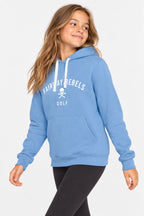 Sweat à capuche fille bleu ciel, poche kangourou, cordons et impression devant