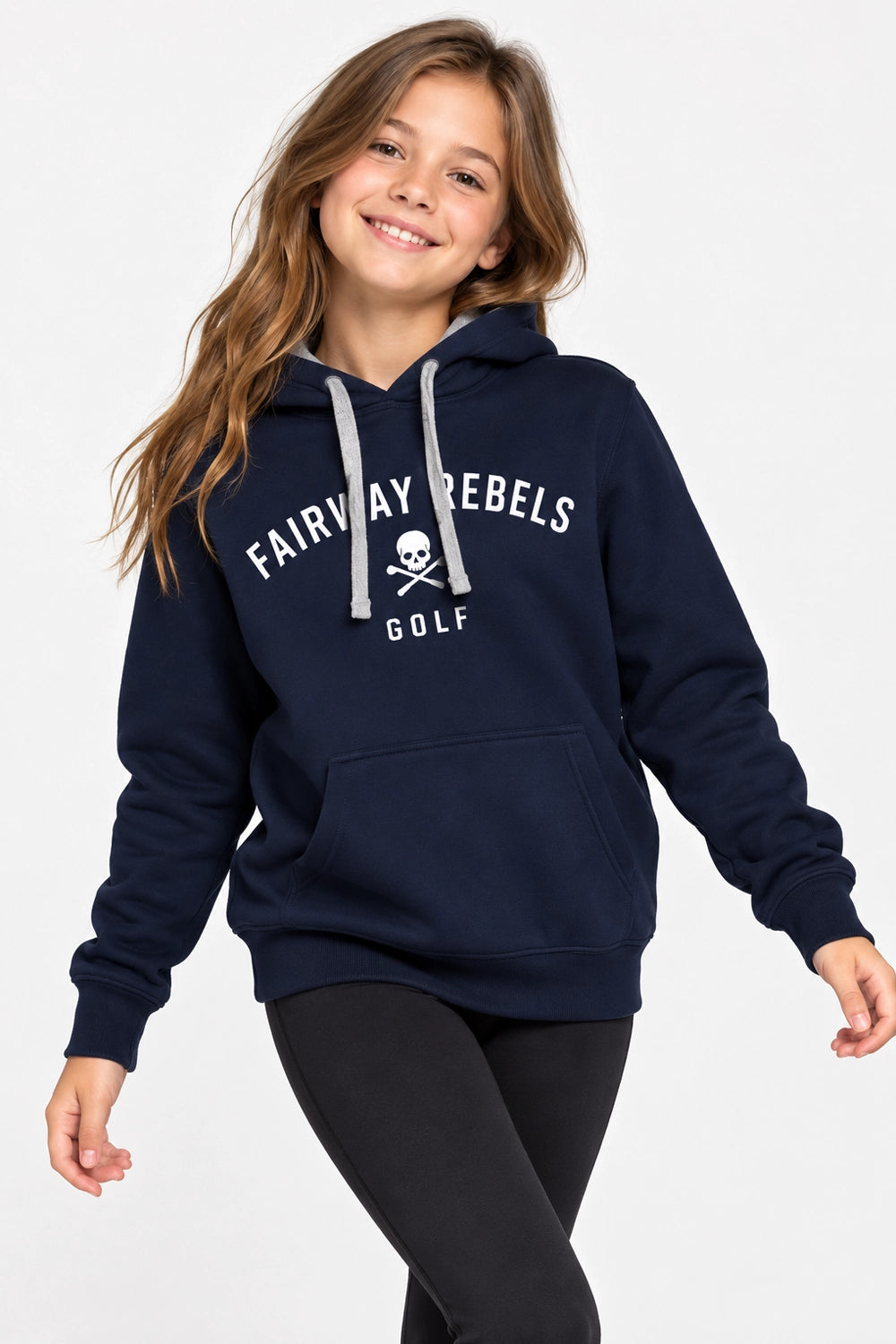 Sweat à capuche fille bleu marine, imprimé FAIRWAY REBELS GOLF, capuche et poche