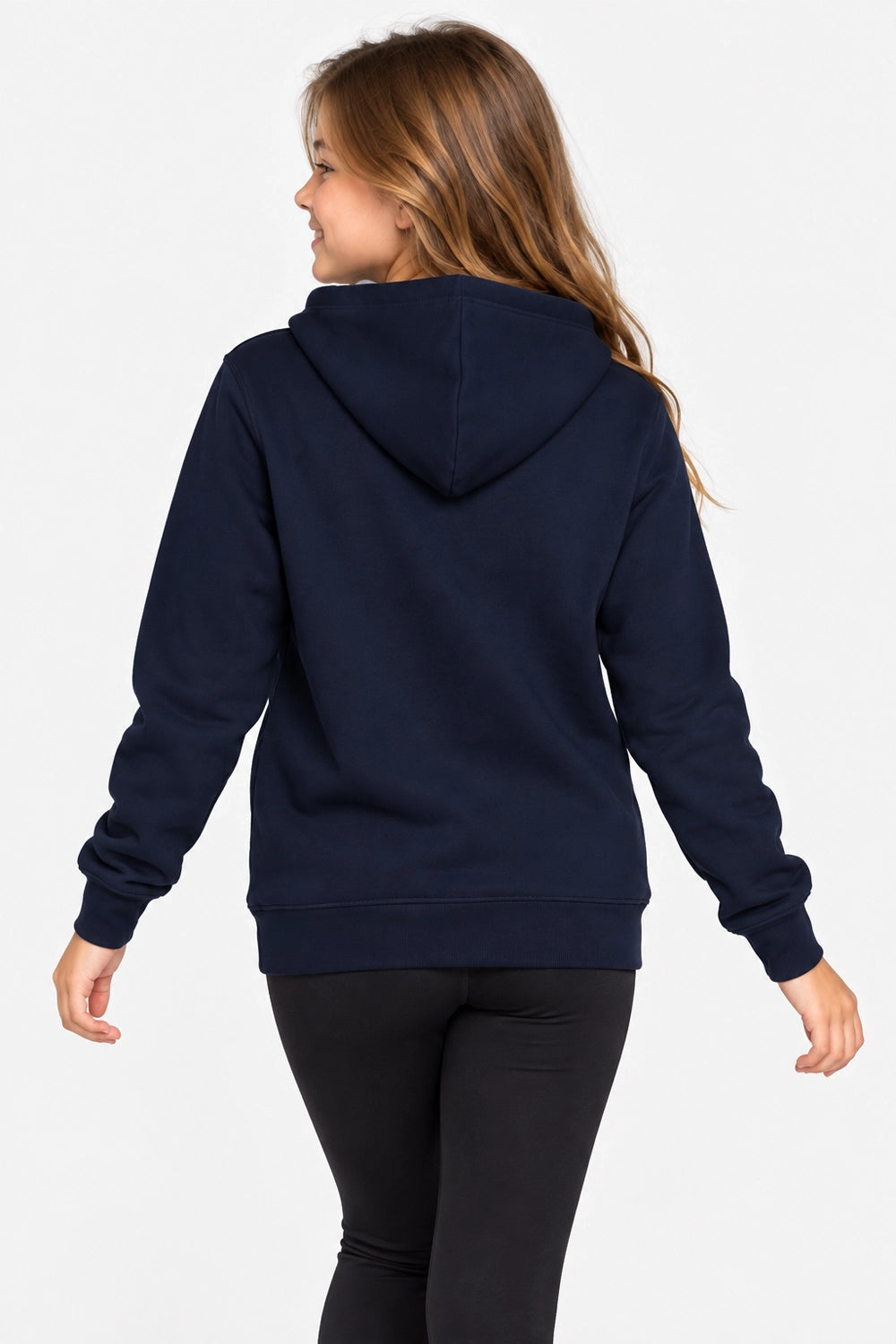 Sweat à capuche fille bleu marine, vue de dos, capuche et poche kangourou