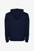 Sweat à capuche fille bleu marine, vue de face, capuche et poignets côtelés