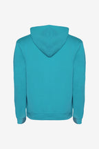Sweat à capuche bleu turquoise, dos vu de face, capuche
