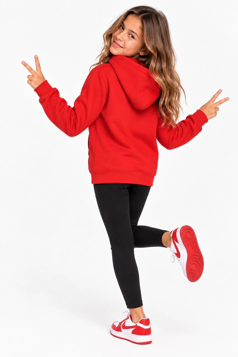 Sweat à capuche rouge pour fille, vue de dos, capuche et cordons visibles