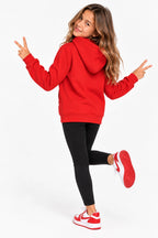 Sweat à capuche rouge pour fille, vue de dos, capuche et cordons visibles