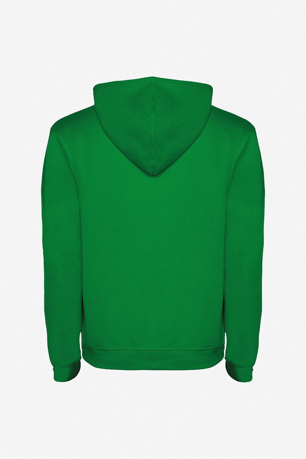 Sweat-shirt vert à capuche, vue arrière unie, manches longues et poignets côtelés.