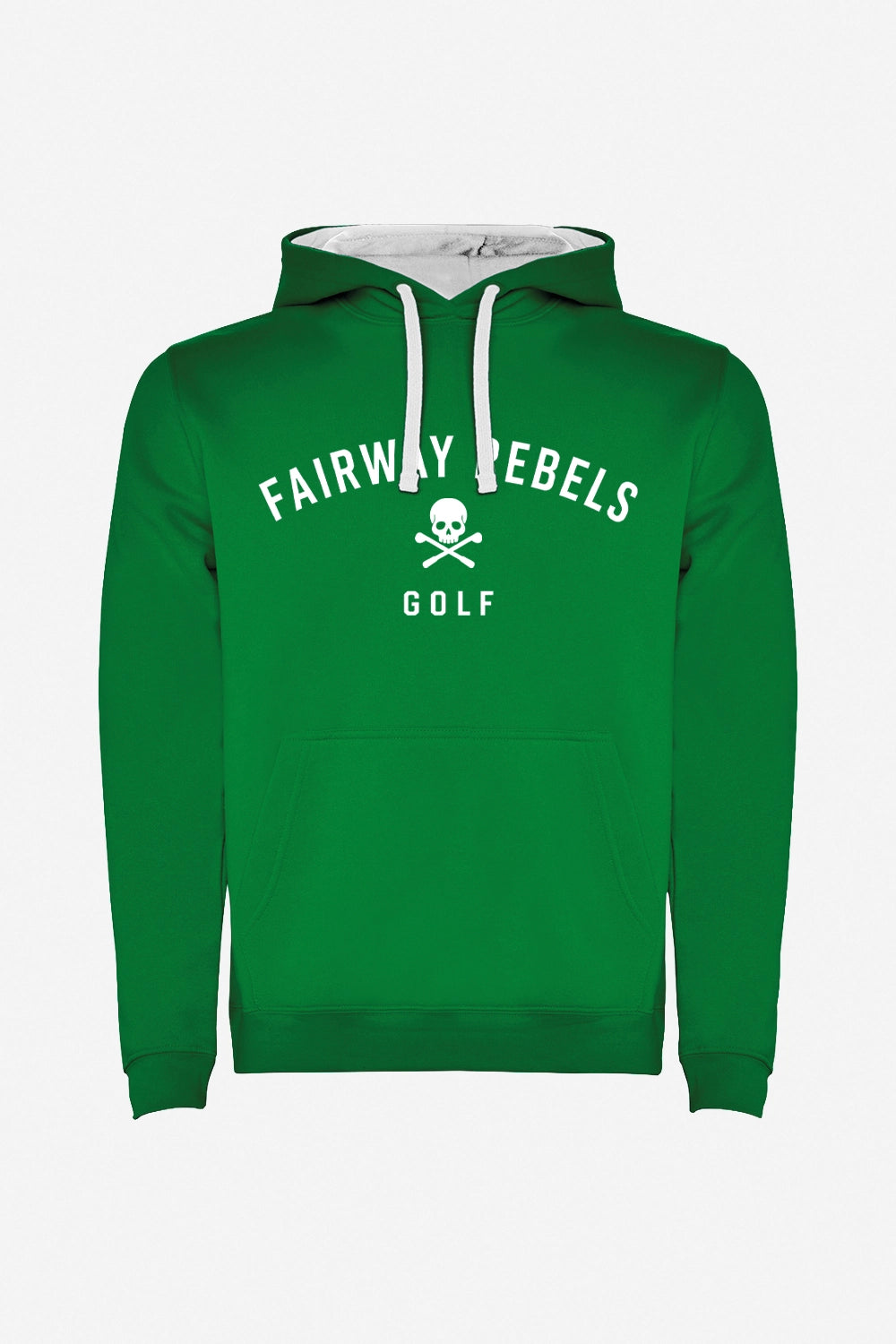 Sweat-shirt de golf vert à capuche, cordons bicolores, logo “Fairway Rebels Golf”.
