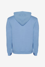 Sweat à capuche bleu ciel, poche kangourou, manches longues, pas de motif visible