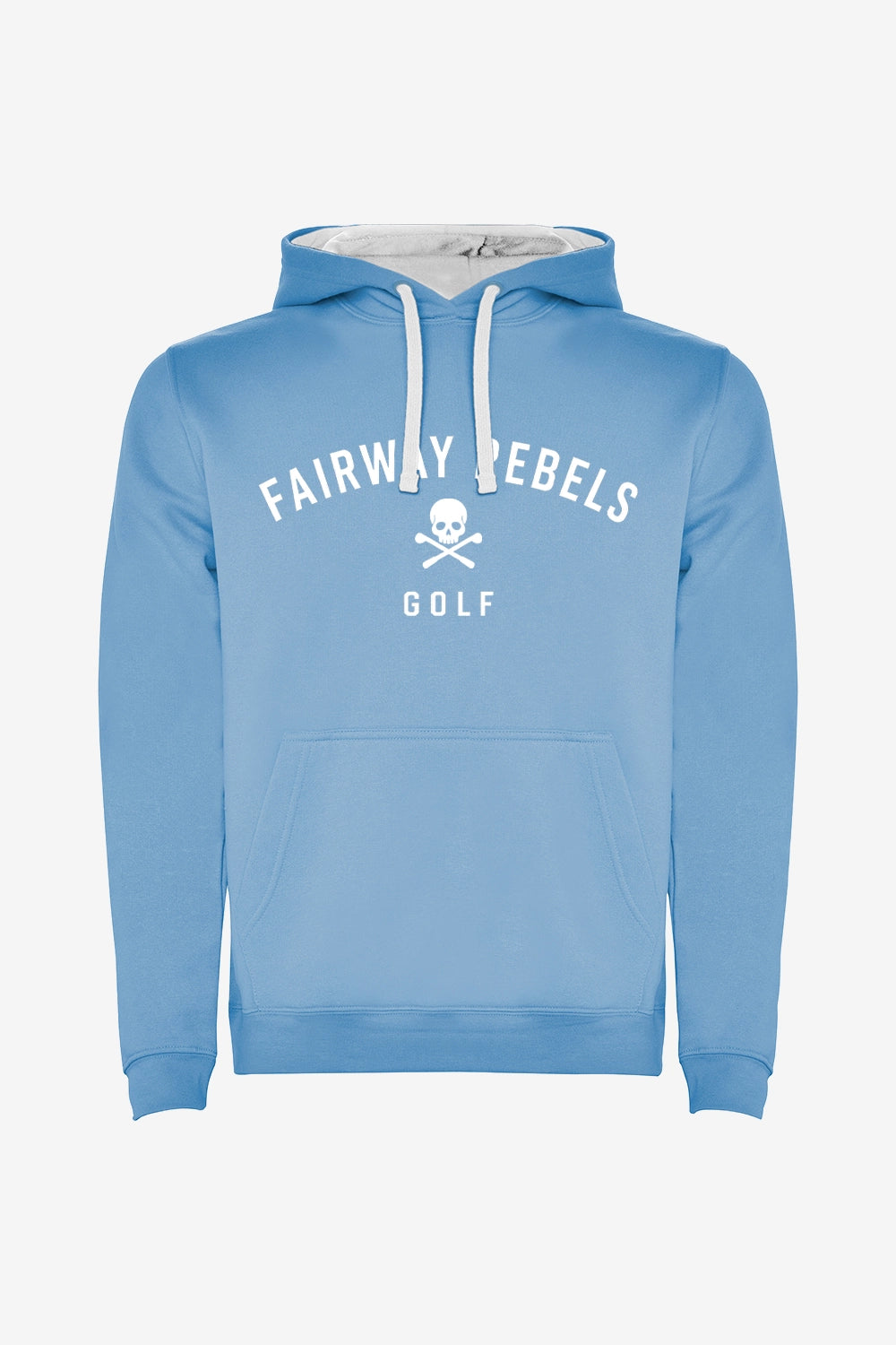 Sweat à capuche bleu ciel au dos, logo « FAIRWAY REBELS GOLF » et crâne
