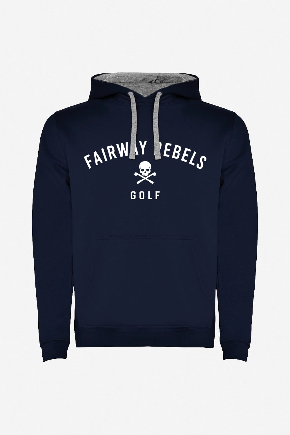 Sweat à capuche garçon bleu marine, dos avec capuche grise et logo crâne « Golf »