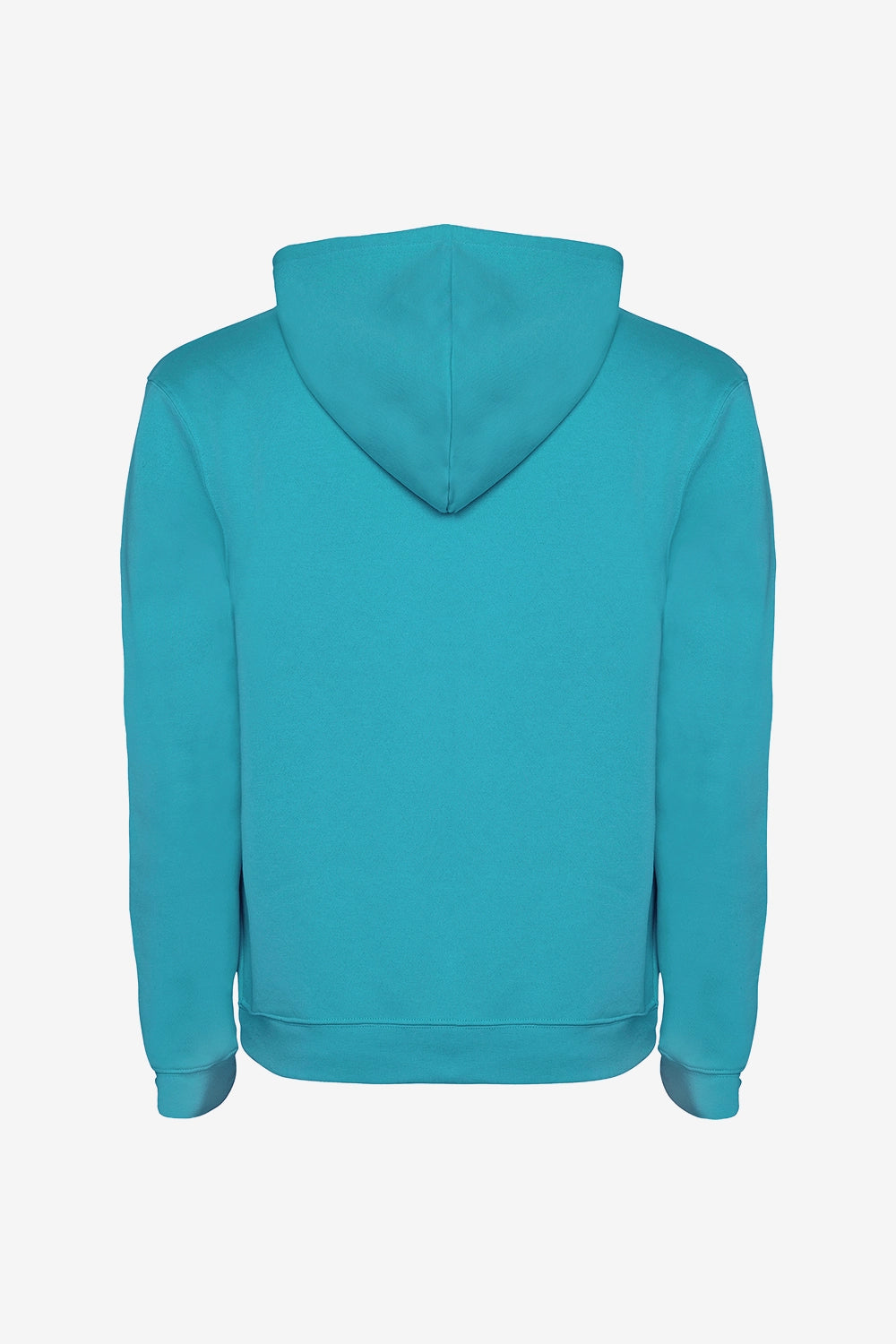 Sweat turquoise à capuche, vue arrière avec coutures et poche kangourou