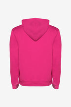 Sweat garçon fuchsia à capuche, vue arrière, manches longues, finitions côtelées.