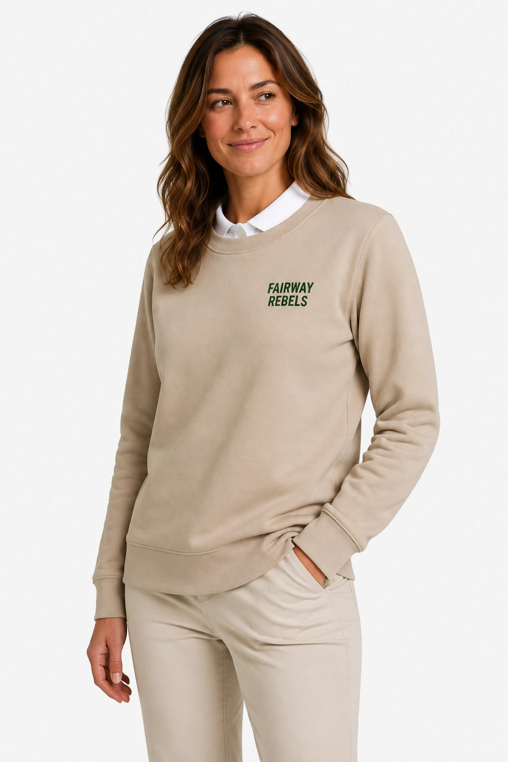 Sweat de golf femme beige naturel, manches longues, encolure ronde, logo poitrine «FAIRWAY REBELS».
