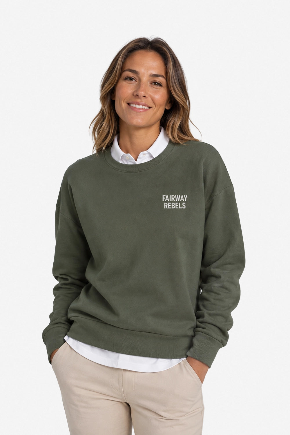 Sweat de golf femme vert foncé, col rond, logo poitrine «FAIRWAY REBELS».